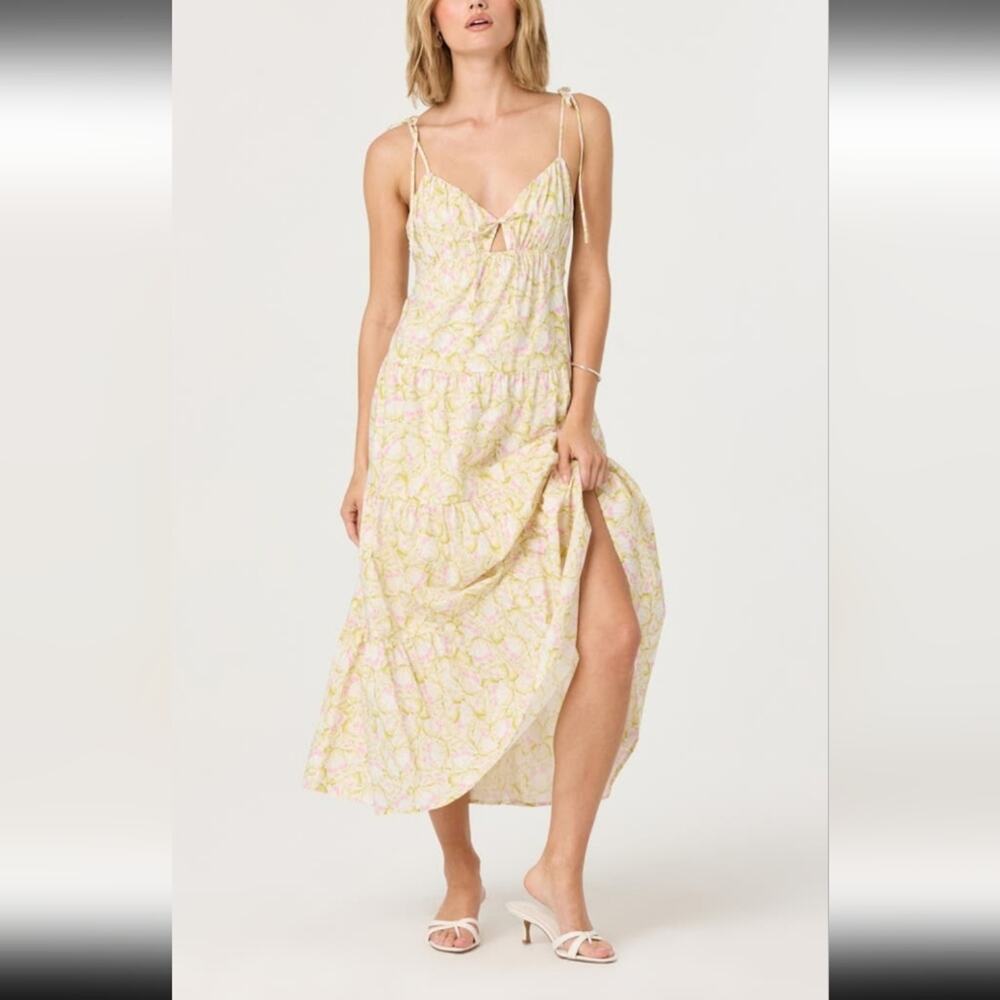 ASTR The Label Tie Strap Tiered Maxi Dress pink/green Floral Maxi NWT